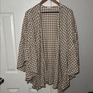 Easel Beige Gingham Oversized Open Front Kimono Ruffle Sleeve Top Size Large